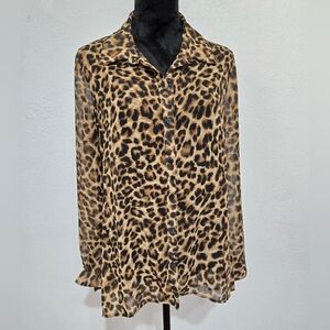 Animal Leopard Print Button Down Shirt Sheer Open Back XL